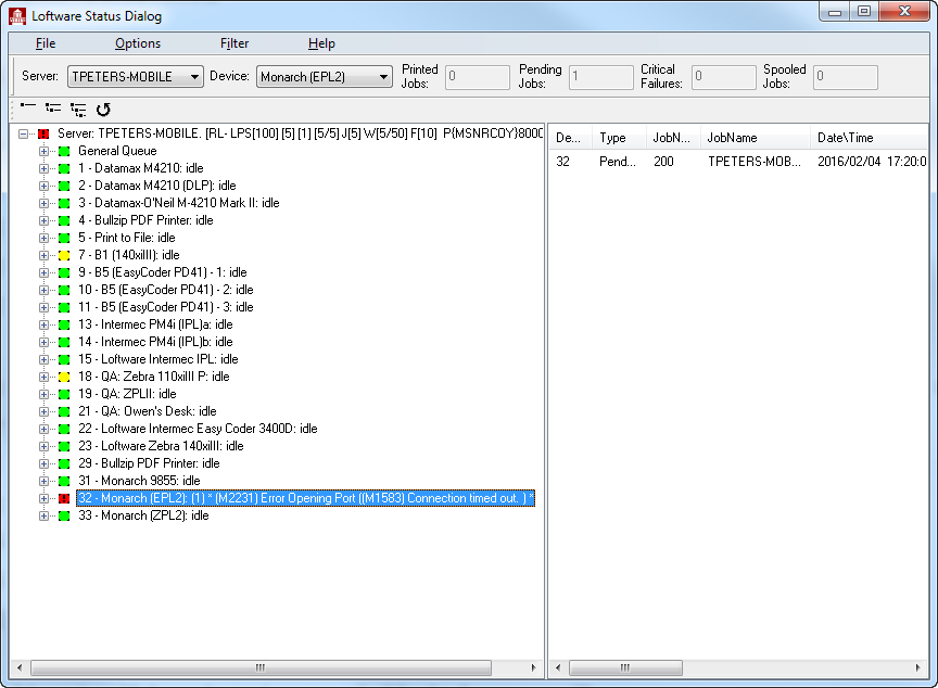 Status Application showing a printer with an error condition